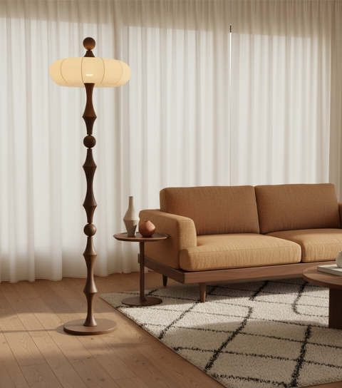 Floor Lamp with Sculpted Wood Stem and Tiered Fabric Shade