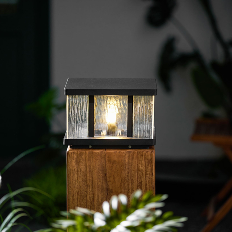 Pillar Light with Textured Glass Panels and Square Metal Frame
