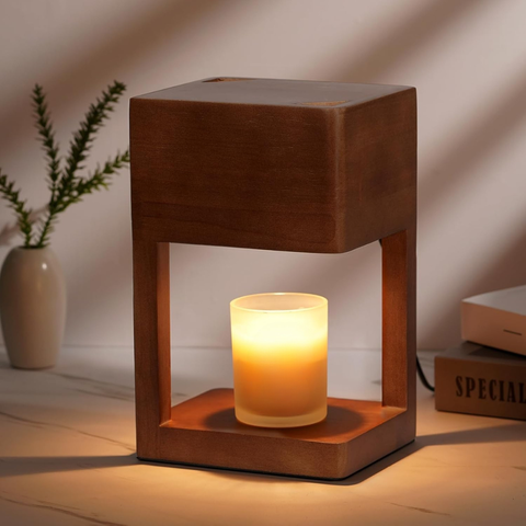 Candle Warmer Lamp with Open Wood Frame and Adjustable Brightness