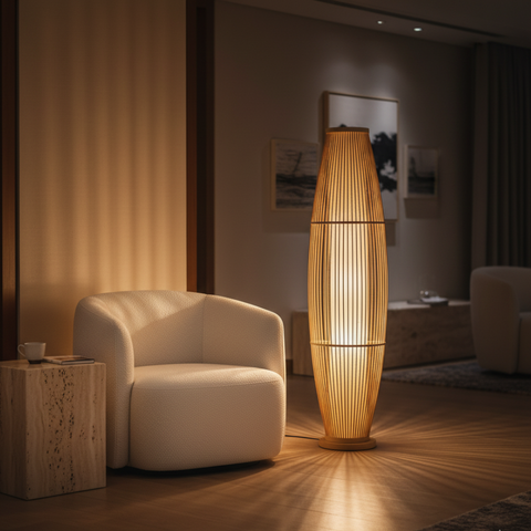 Table and Floor Lamp with Bamboo Slat Shade and Warm LED Light
