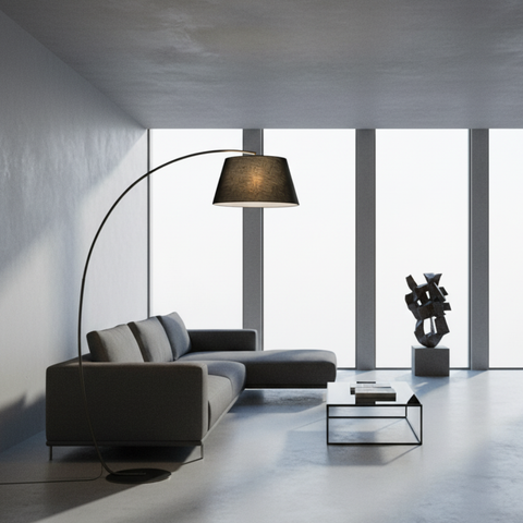 Arc Floor Lamp with Fabric Shade and Curved Metal Stem