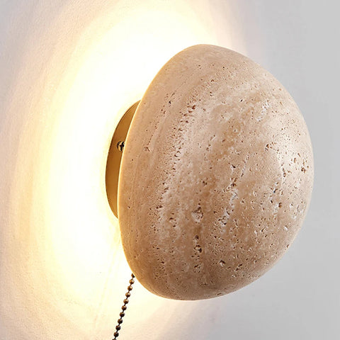 Wall Light with Round Travertine Disc and Pull-Cord Accent