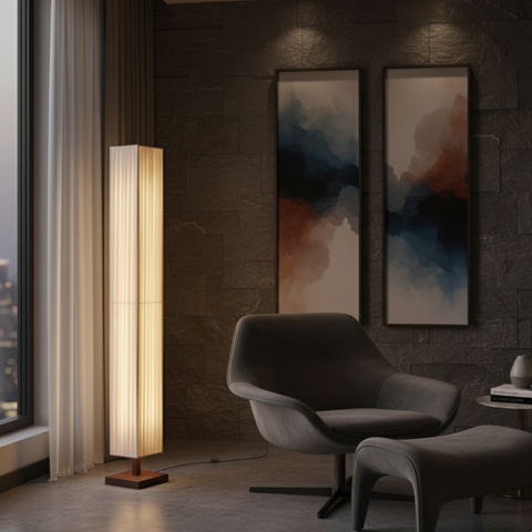 Floor Lamp with Pleated Fabric Shade and Wood Base