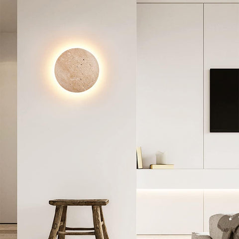 Wall Light with Round Travertine Disc and Pull-Cord Accent