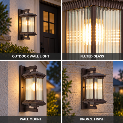 Traditional Ribbed Glass Outdoor Wall Light with Metal Frame and E26 or E27 Socket