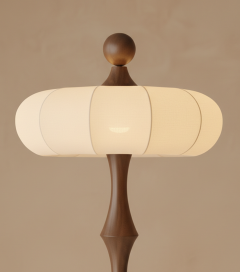 Floor Lamp with Sculpted Wood Stem and Tiered Fabric Shade