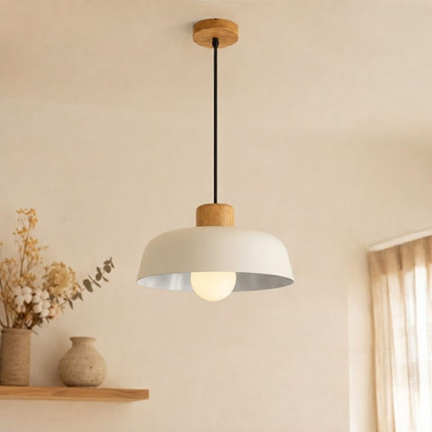 Iron Pendant Light with Wood Accent and Selectable Light Modes