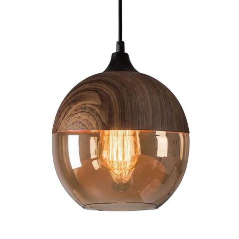 Scandinavian Glass Pendant Light with Adjustable Cord and Wood Look Finish