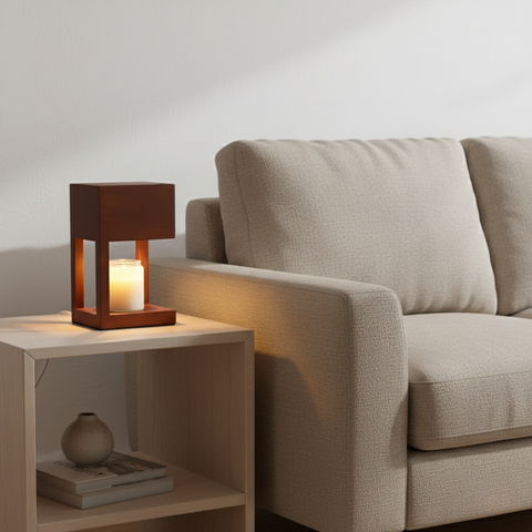 Candle Warmer Lamp with Open Wood Frame and Adjustable Brightness