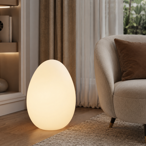 Floor Lamp with Sculptural Egg Shape and Three LED Light Colors