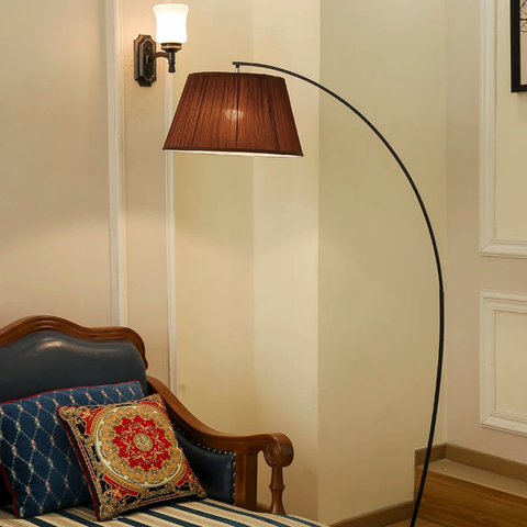 Arc Floor Lamp with Fabric Shade and Curved Metal Stem