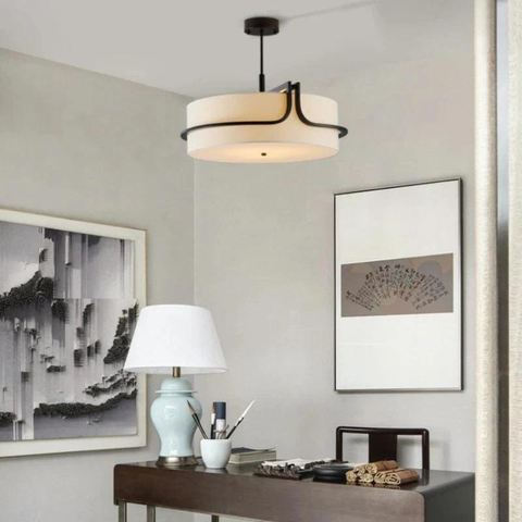 Pendant Light with Fabric Drum Shade and Metal Frame