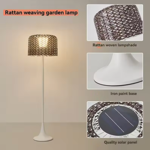Floor Lamp with Woven Rattan Shade and Solar Outdoor Lighting