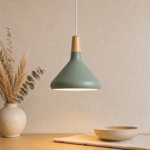 Wood-Accent Aluminum Pendant Light with Three Sizes for Indoor Use
