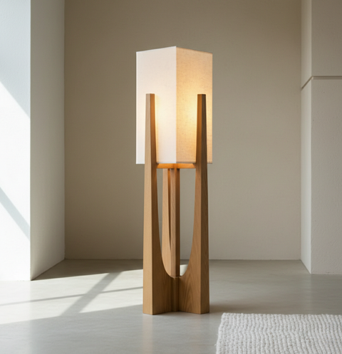 Table and Floor Lamp with Fabric Shade and Cutout Wood Base