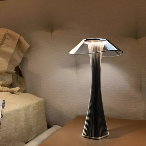 Modern Rechargeable LED Table Lamp with Ribbed Base, Transparent Shade and Touch Control