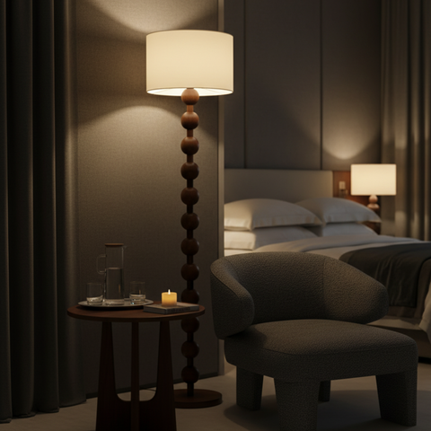 Floor Lamp with Stacked Wood Spheres and Fabric Drum Shade