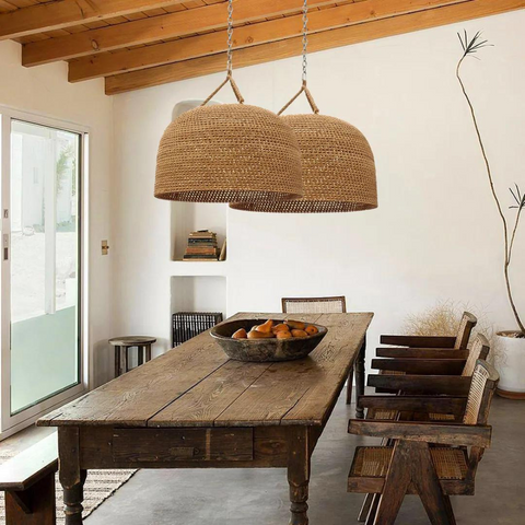 Pendant Light with Handwoven Rattan and Japandi Dome Shade