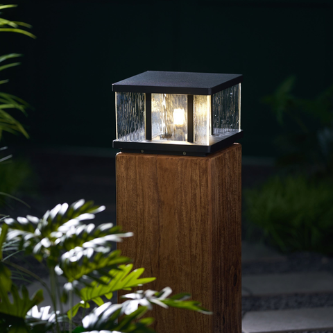 Pillar Light with Textured Glass Panels and Square Metal Frame