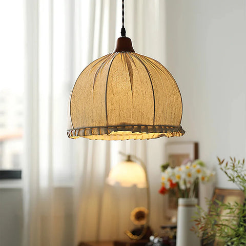 Pendant Light with Pleated Linen Dome Shade and Wood Cap