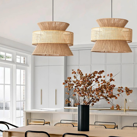 Pendant Light with Layered Handwoven Rattan Veil Shade