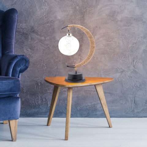 Crescent Rope-Wrapped Table Lamp with Clear Globe Shade and Battery-Powered LED Lighting