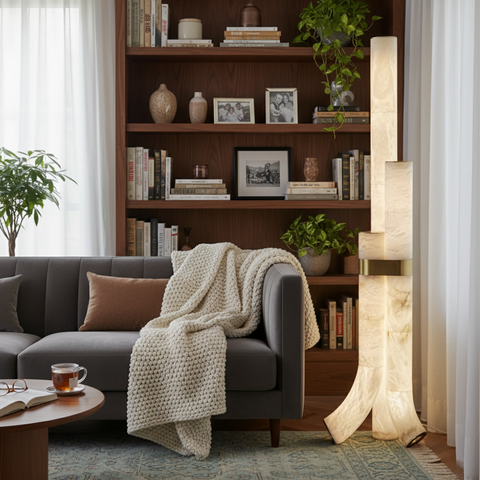 Floor Lamp with Veined Stone Shades and Curved Column Design