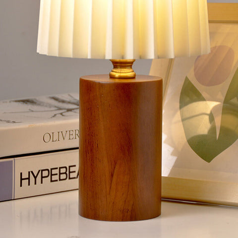 Pleated Fabric Table Lamp with Wood Base and Cylinder Shade