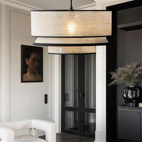 Pendant Light with Layered Linen and Floating Drum Shade