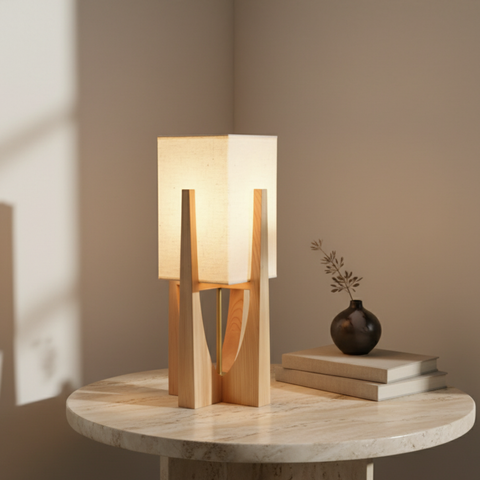 Table and Floor Lamp with Fabric Shade and Cutout Wood Base