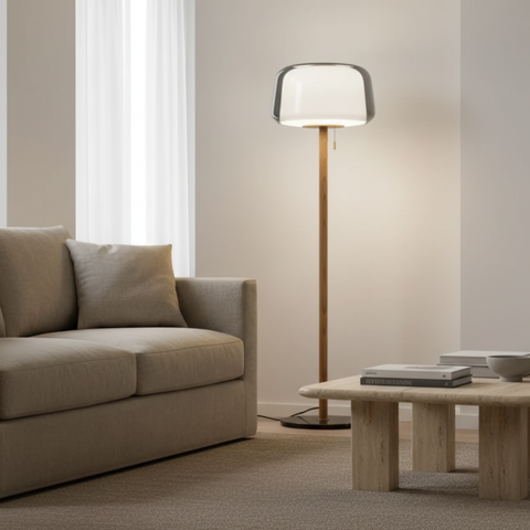 Floor Lamp with Layered Glass Dome and Wood Column Details