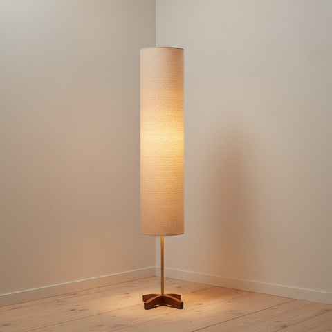 Floor Lamp with Tall Fabric Shade and Crossed Wood Base