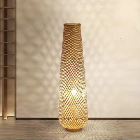 Floor Lamp with Woven Bamboo Column and Plug-In Light