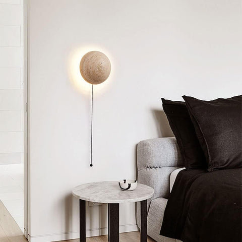 Wall Light with Round Travertine Disc and Pull-Cord Accent