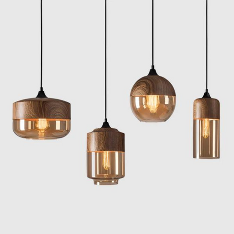 Scandinavian Glass Pendant Light with Adjustable Cord and Wood Look Finish