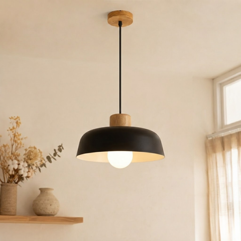 Iron Pendant Light with Wood Accent and Selectable Light Modes