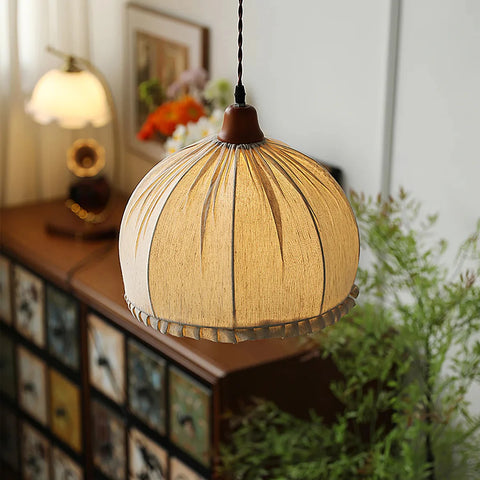 Pendant Light with Pleated Linen Dome Shade and Wood Cap