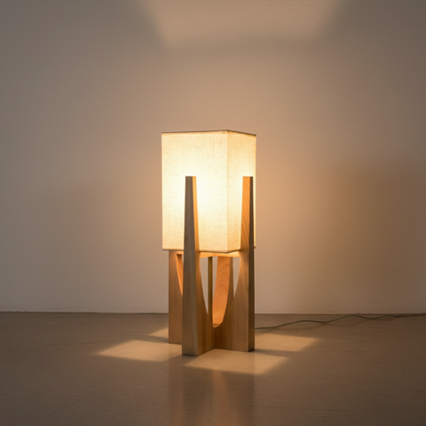 Table and Floor Lamp with Fabric Shade and Cutout Wood Base
