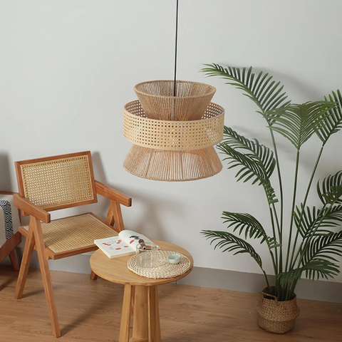 Pendant Light with Layered Handwoven Rattan Veil Shade