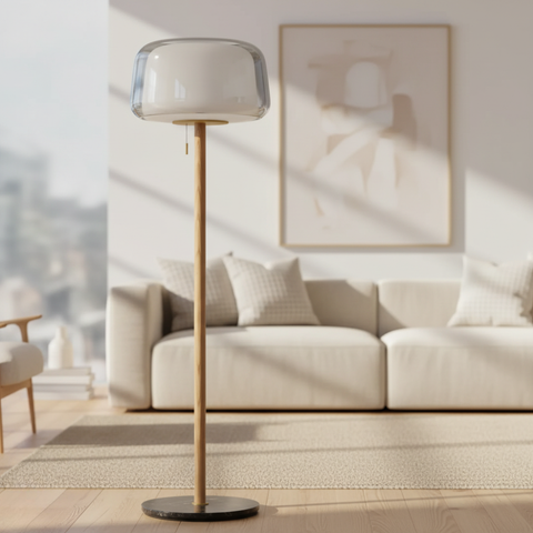 Floor Lamp with Layered Glass Dome and Wood Column Details