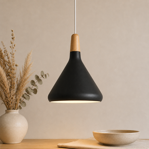 Wood-Accent Aluminum Pendant Light with Three Sizes for Indoor Use