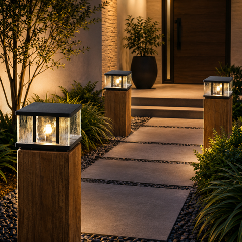 Pillar Light with Textured Glass Panels and Square Metal Frame