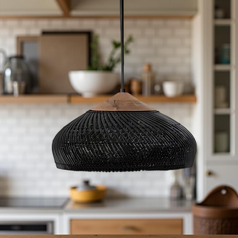 Pendant Light with Woven Rattan Dome