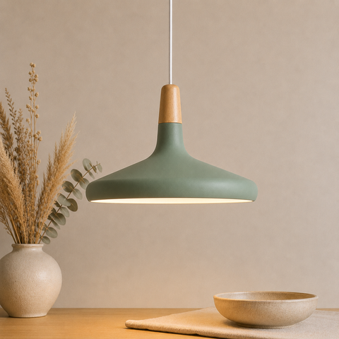 Wood-Accent Aluminum Pendant Light with Three Sizes for Indoor Use
