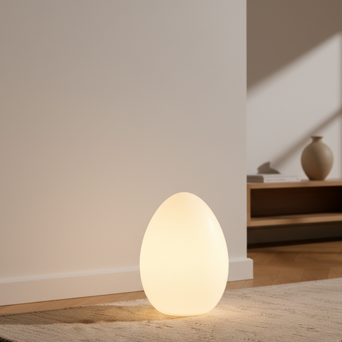 Floor Lamp with Sculptural Egg Shape and Three LED Light Colors