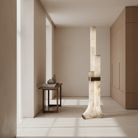 Floor Lamp with Veined Stone Shades and Curved Column Design