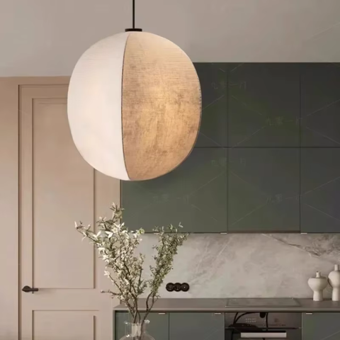 Pendant Light with Draped Fabric and Japandi Lantern Form