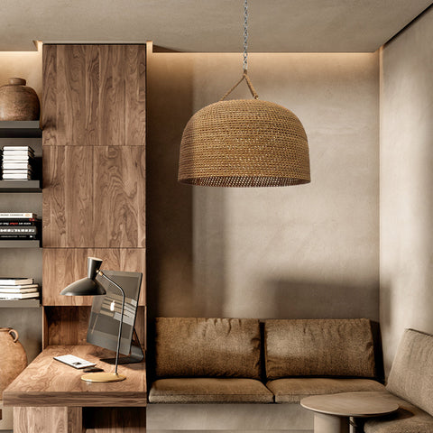Pendant Light with Handwoven Rattan and Japandi Dome Shade