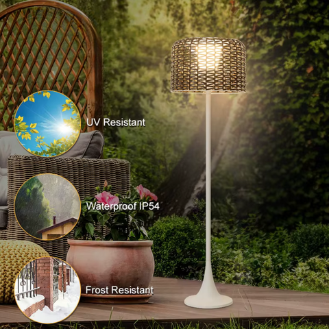 Floor Lamp with Woven Rattan Shade and Solar Outdoor Lighting