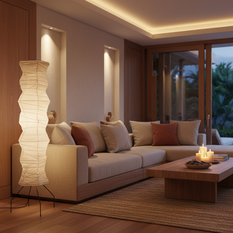 Floor Lamp with Sculptural Paper Shade and Warm LED Light